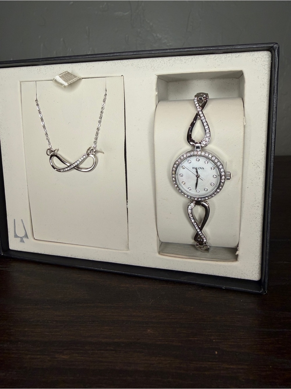 Bulova Silver Tone Crystal Infinity Watch and Necklace Set